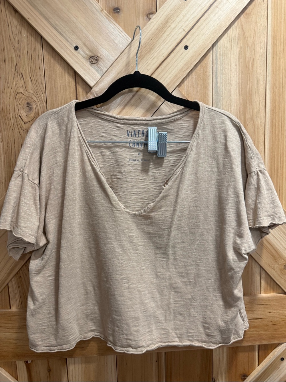 Vintage Beige V-Neck Short Sleeve Crop Tee